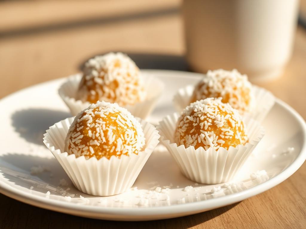 Beijinho Sem Açúcar e Sem Glúten Beijinhos sem açúcar e sem glúten enrolados em coco ralado dentro de forminhas brancas