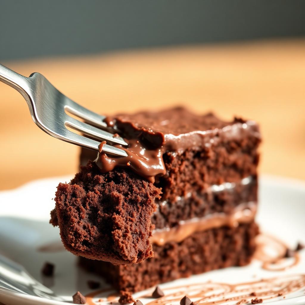 Fatia de bolo de brigadeiro sem açúcar e sem glúten com recheio cremoso de chocolate