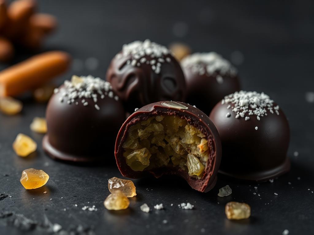 Bombons de chocolate com gengibre sem açúcar e sem glúten, um deles cortado mostrando o recheio