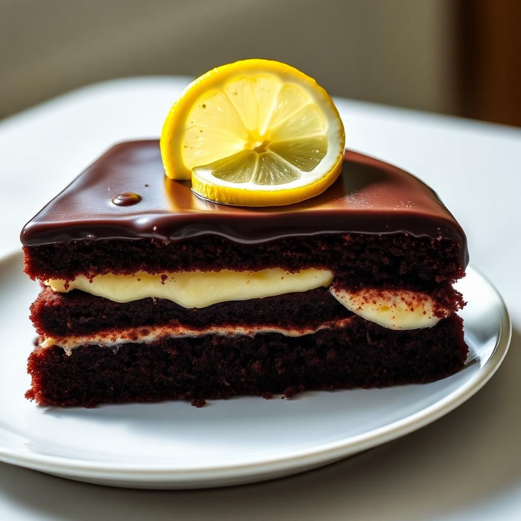 Fatia de bolo de chocolate com mousse de limão sem açúcar e sem glúten