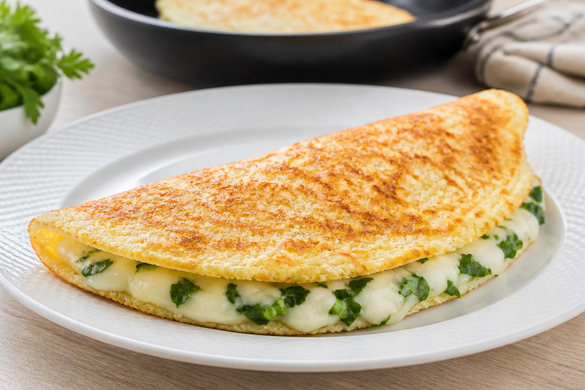 Crepioca Fit Sem Glúten e Sem Açúcar Crepioca fit sem glúten dourada e dobrada no prato, recheada com queijo derretido e cheiro-verde