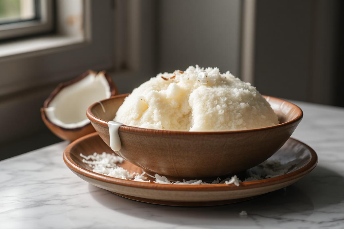 Cuscuz de Tapioca Sem Açúcar e Sem Glúten Cuscuz de tapioca sem açúcar e sem glúten desenformado com coco ralado fresco por cima