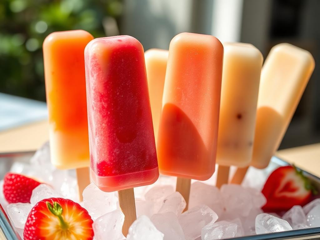 Geladinho Gourmet Sem Açúcar e Sem Glúten Geladinhos gourmet sem açúcar e sem glúten de frutas em saquinhos sobre bandeja com gelo