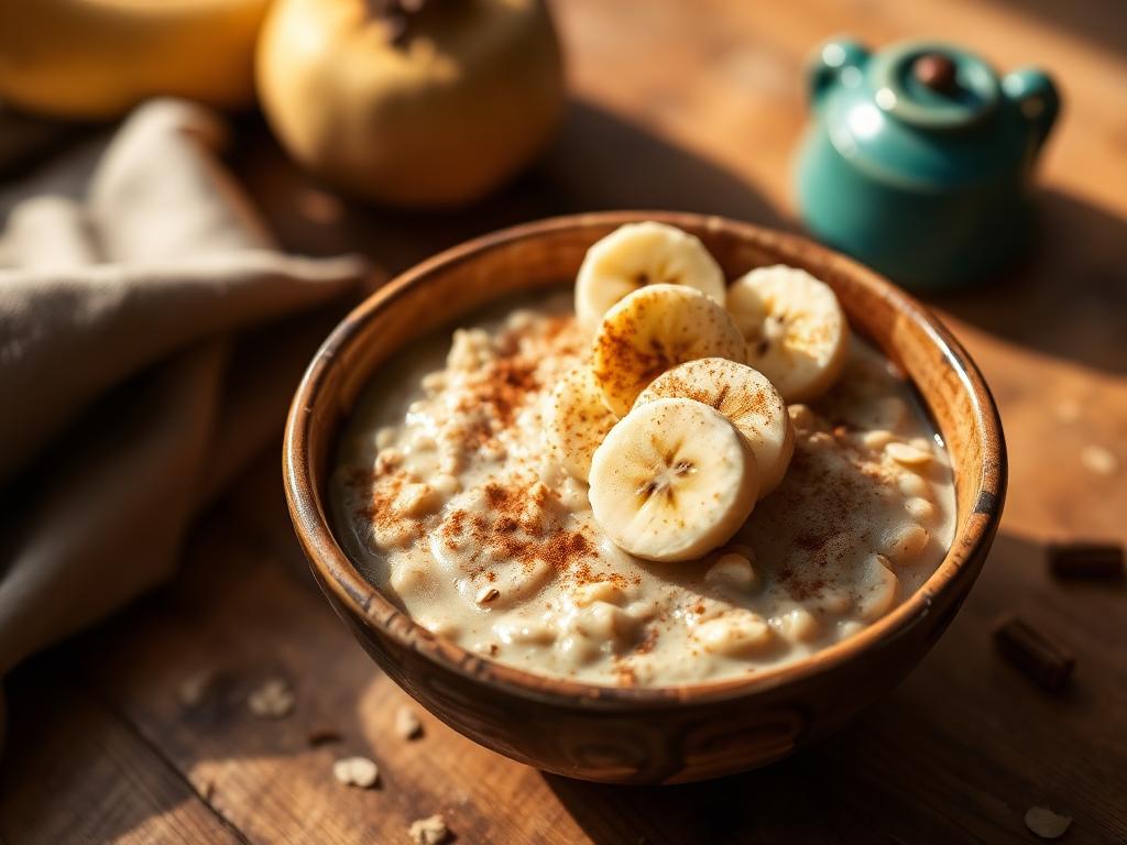 Mingau de Aveia Sem Açúcar e Sem Glúten Tigela de mingau de aveia sem açúcar e sem glúten com rodelas de banana e canela