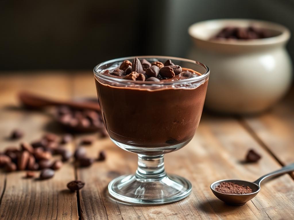 Mousse de Chocolate Sem Açúcar e Sem Glúten Taça de mousse de chocolate sem açúcar e sem glúten com nibs de cacau por cima