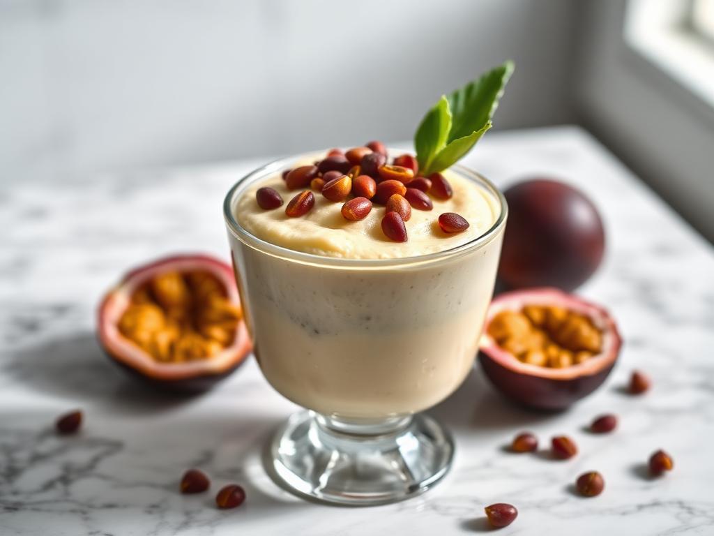 Mousse de Maracujá Sem Açúcar e Sem Glúten Taça de mousse de maracujá sem açúcar e sem glúten decorada com polpa e sementes de maracujá