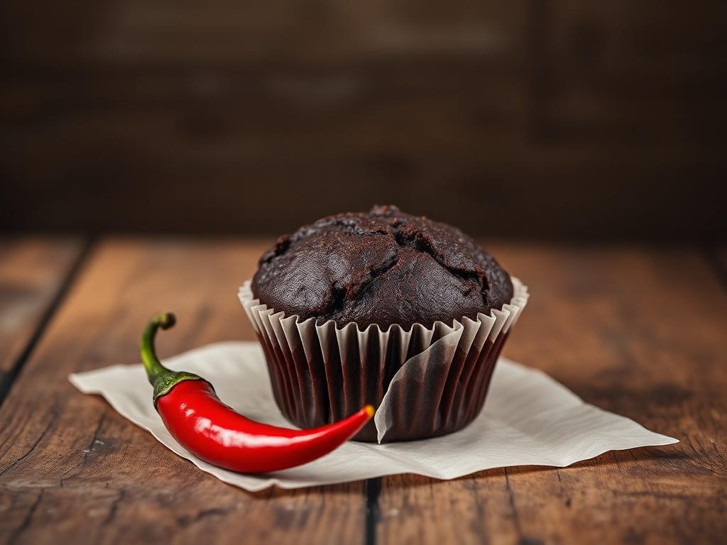 Muffin de chocolate com pimenta sem açúcar e sem glúten ao lado de uma pimenta vermelha