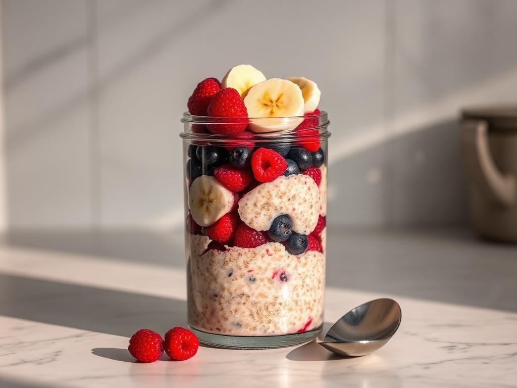 Overnight Oats Sem Açúcar e Sem Glúten Pote de vidro com overnight oats sem açúcar e sem glúten em camadas com frutas vermelhas e banana