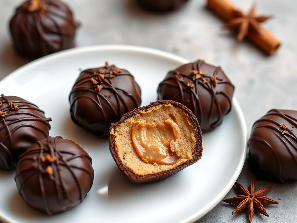 Pães de mel low carb sem açúcar e sem glúten cobertos com chocolate, um deles cortado mostrando o recheio