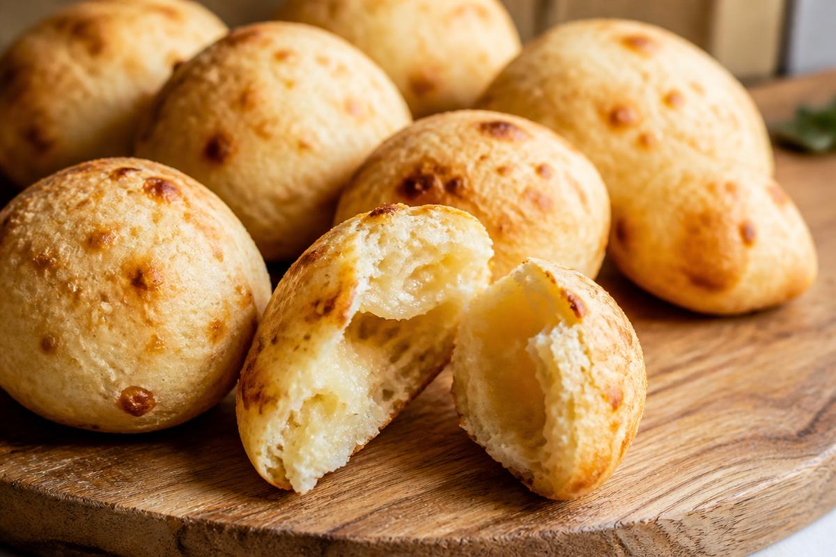 Pão de Queijo de Tapioca Sem Glúten e Sem Açúcar Pães de queijo de tapioca sem glúten dourados sobre tábua de madeira, um deles partido ao meio