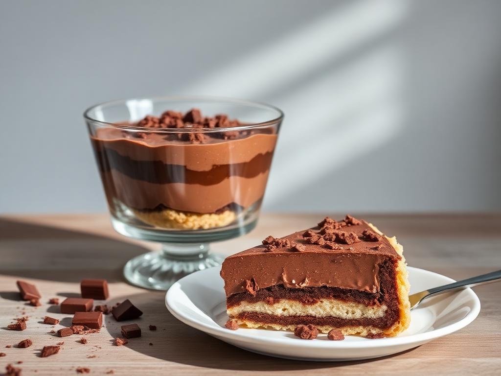 Pavê de Chocolate Sem Açúcar e Sem Glúten Pavê de chocolate sem açúcar e sem glúten em camadas servido em travessa de vidro