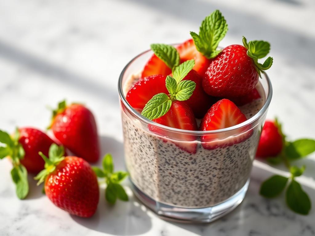 Pudim de Chia Sem Açúcar e Sem Glúten Copo de pudim de chia sem açúcar e sem glúten com morangos frescos e hortelã