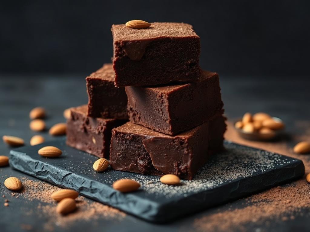 Pedaços de suflê de chocolate sem açúcar e sem glúten empilhados com amêndoas