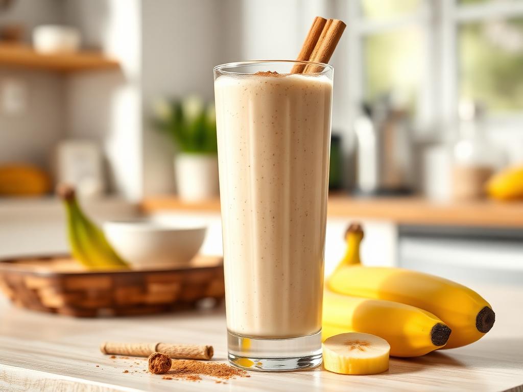 Vitamina de Banana Sem Açúcar e Sem Glúten Copo alto de vitamina de banana sem açúcar e sem glúten com canela e bananas ao lado